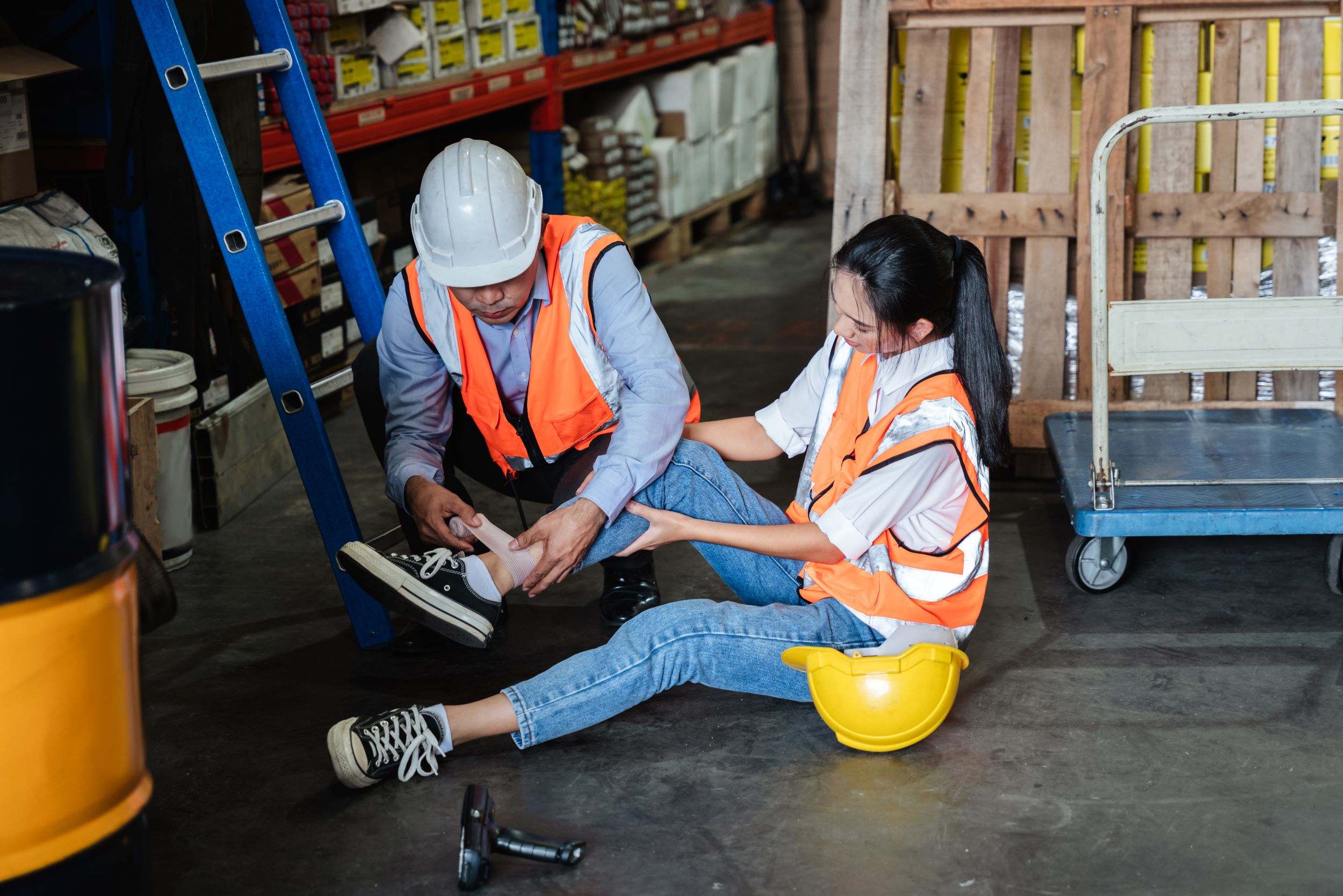 A female warehouse worker has an accident while working in a factory
